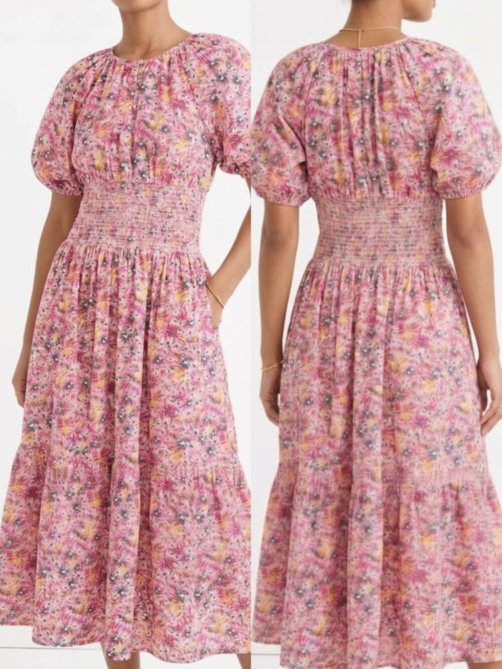 J.Crew Re-Imagined Smocked Waist Puff Sleeve Floral Midi Dress Pink Size XS